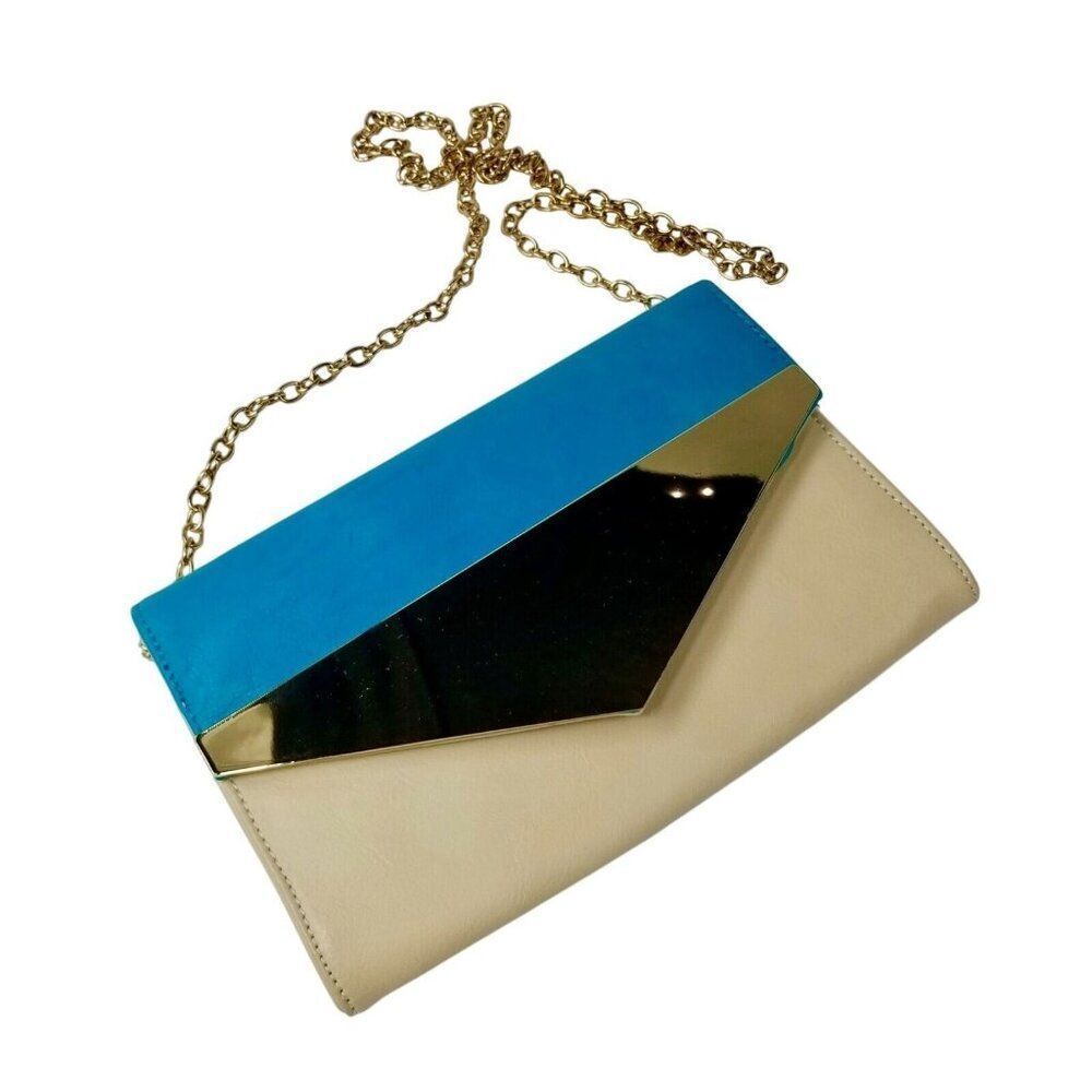 Urban Expressions Retro Envelope Evening Bag Gold Chain Off White Teal